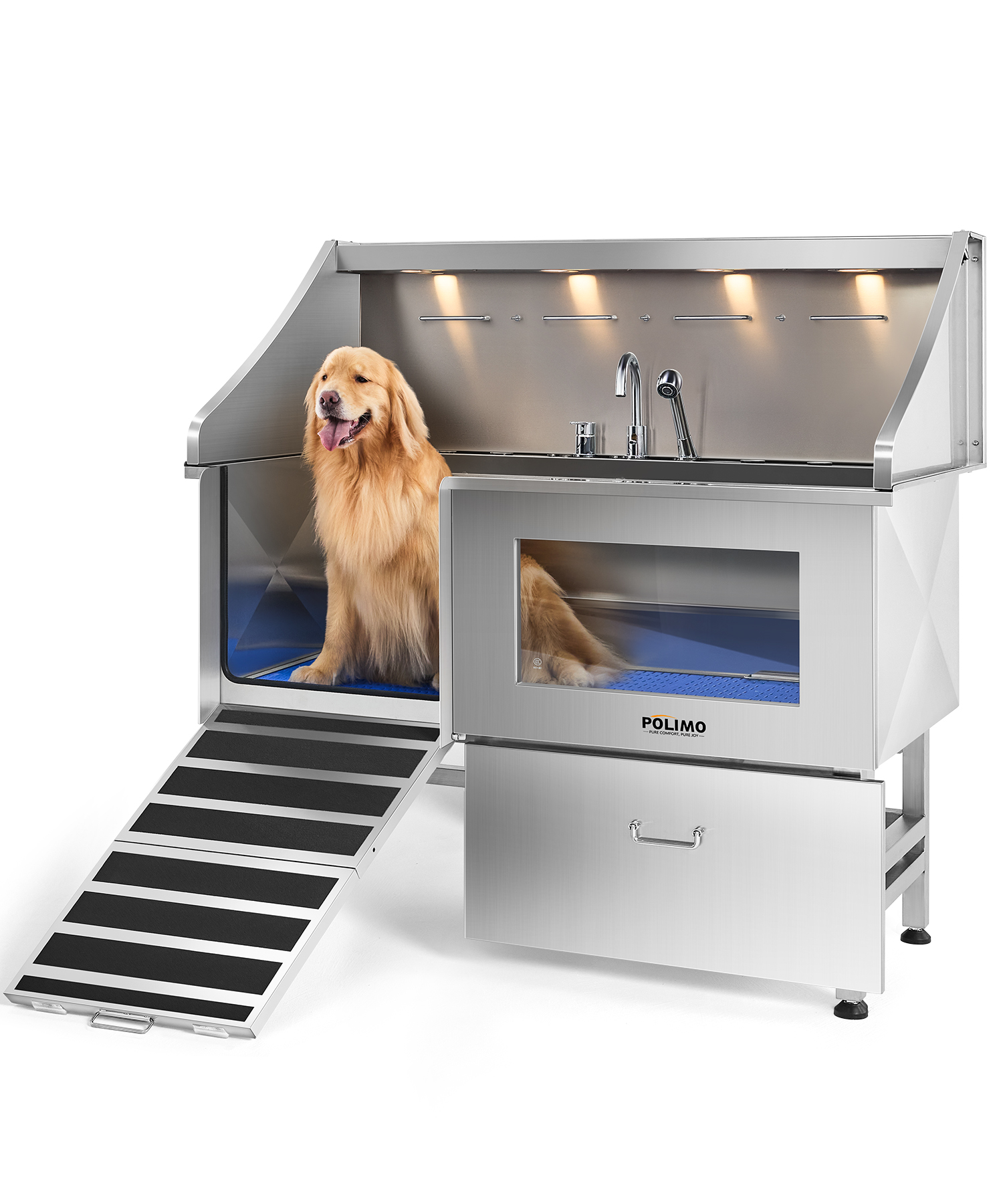 POLIMO LED Professional Stainless Steel Dog Bathing Station（Left RAMP, 61″）