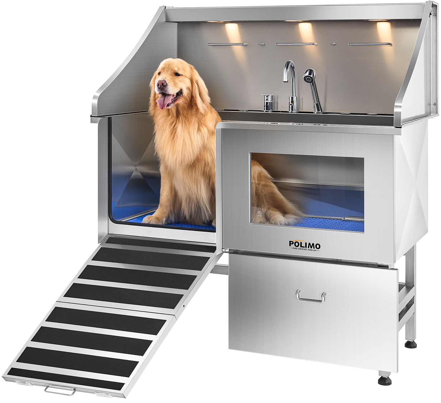 POLIMO LED Professional Stainless Steel Dog Bathing Station（Left RAMP, 50″）