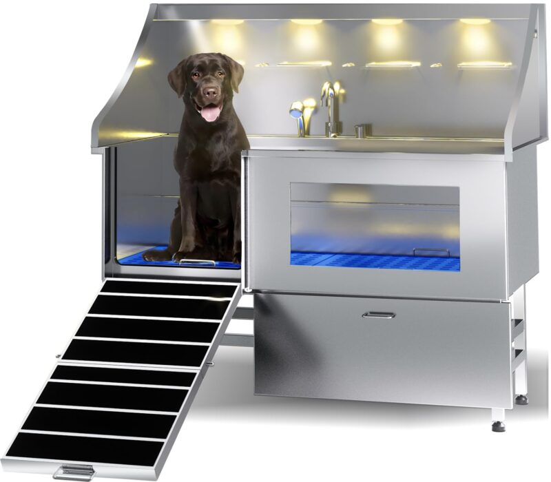 POLIMO LED Professional Stainless Steel Dog Bathing Station（Left RAMP, 61″）
