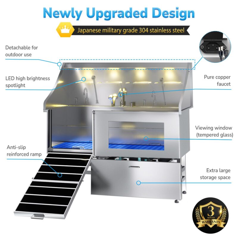 POLIMO LED Professional Stainless Steel Dog Bathing Station（Left RAMP, 61″） - Image 3