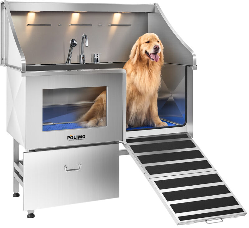 POLIMO LED Professional Stainless Steel Dog Bathing Station（Right RAMP, 50″）