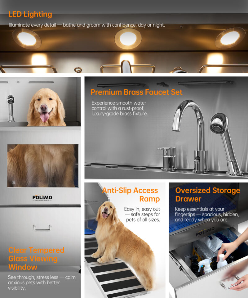 POLIMO LED Professional Stainless Steel Dog Bathing Station（Right RAMP, 50″） - Image 3