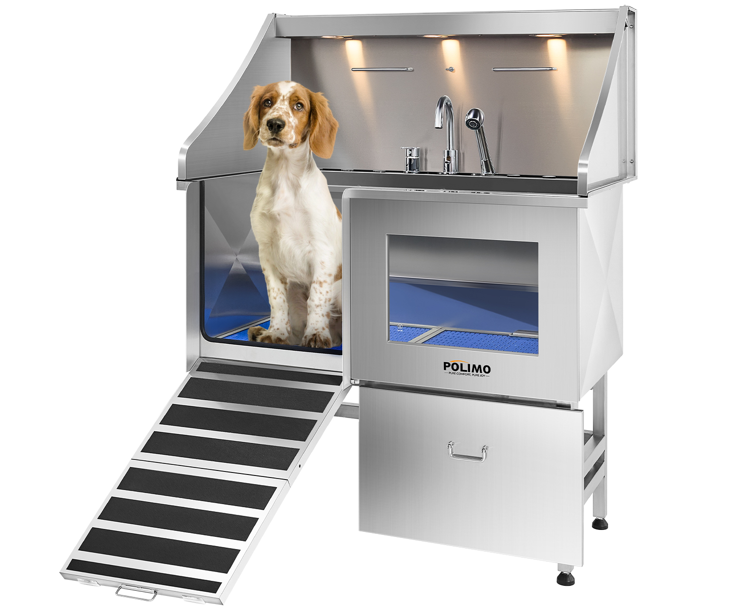 POLIMO LED Professional Stainless Steel Dog Bathing Station（Left RAMP, 38″）