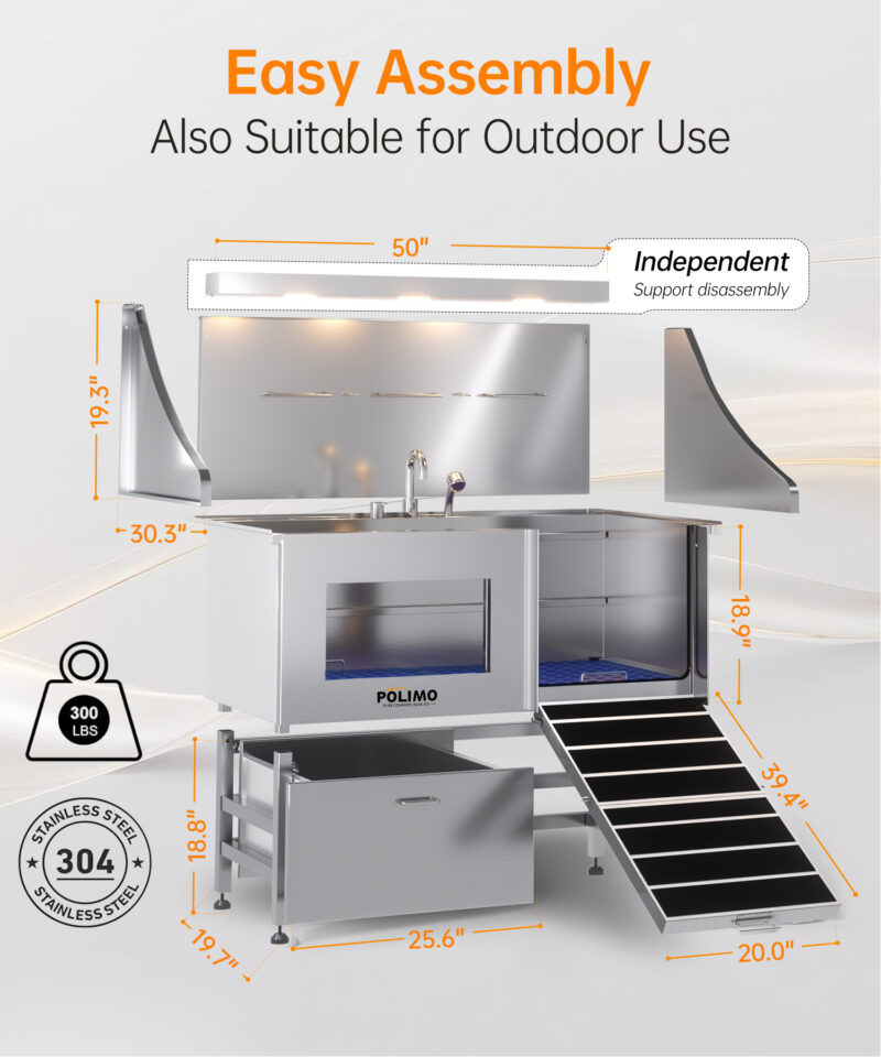 POLIMO LED Professional Stainless Steel Dog Bathing Station（Right RAMP, 50″） - Image 5