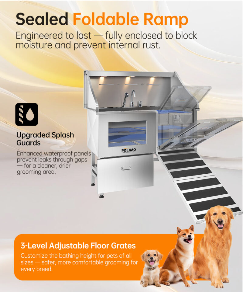 POLIMO LED Professional Stainless Steel Dog Bathing Station（Right RAMP, 50″） - Image 7