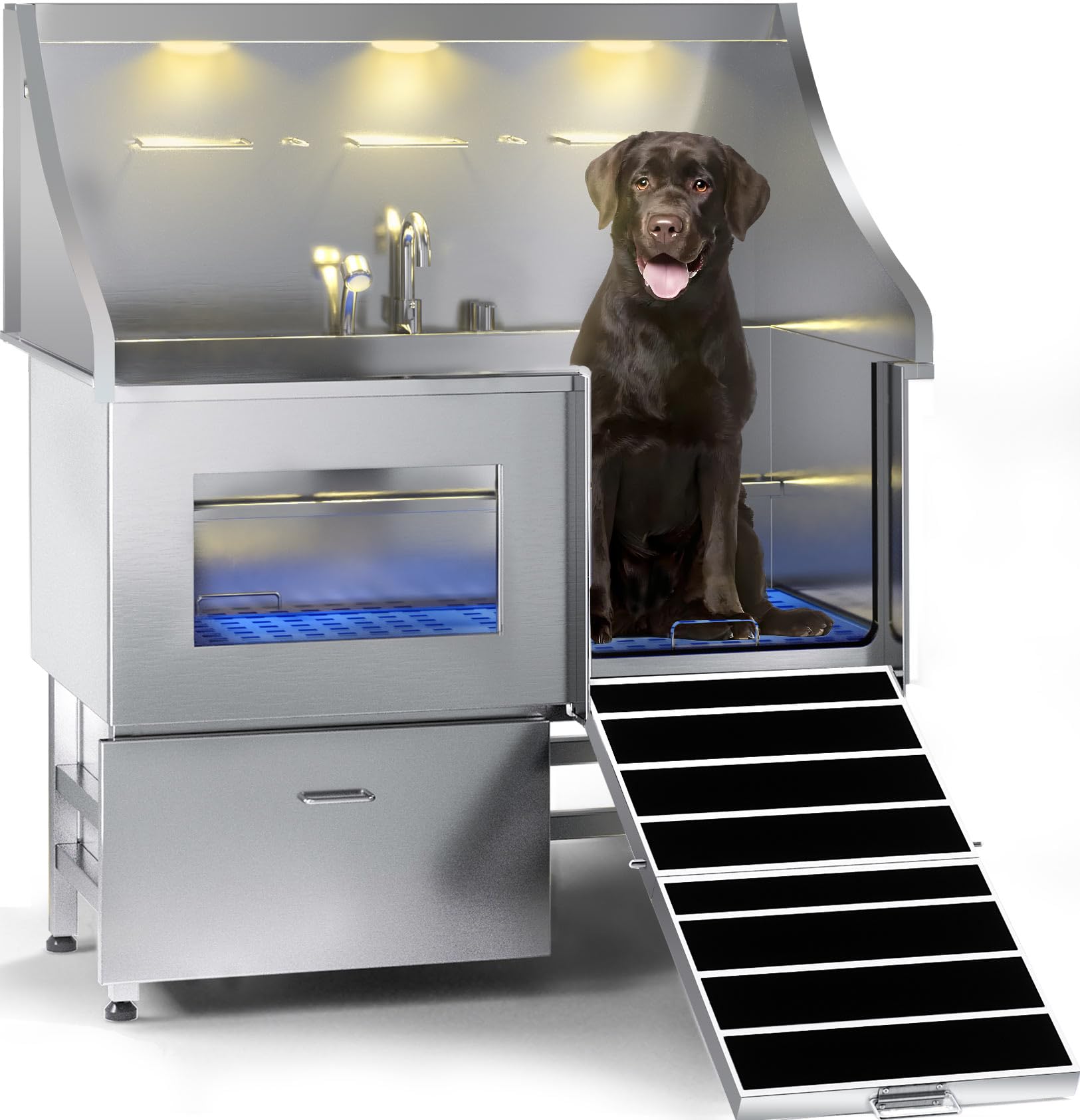 POLIMO LED Professional Stainless Steel Dog Bathing Station（Right RAMP, 50″）