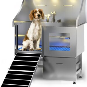 POLIMO LED Professional Stainless Steel Dog Bathing Station（Left RAMP, 38″）