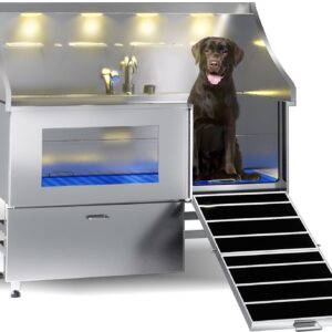 POLIMO LED Professional Stainless Steel Dog Bathing Station（Right RAMP, 61″）