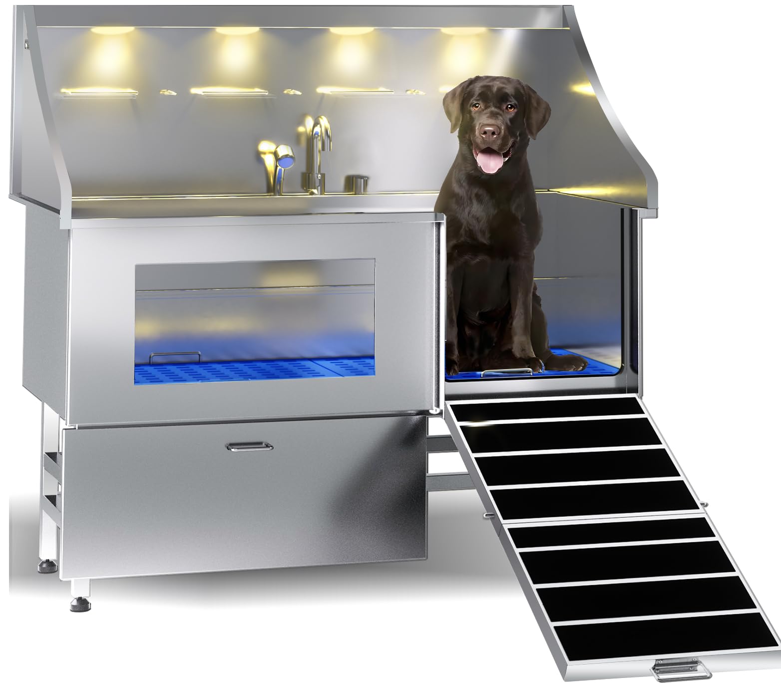 POLIMO LED Professional Stainless Steel Dog Bathing Station（Right RAMP, 61″）