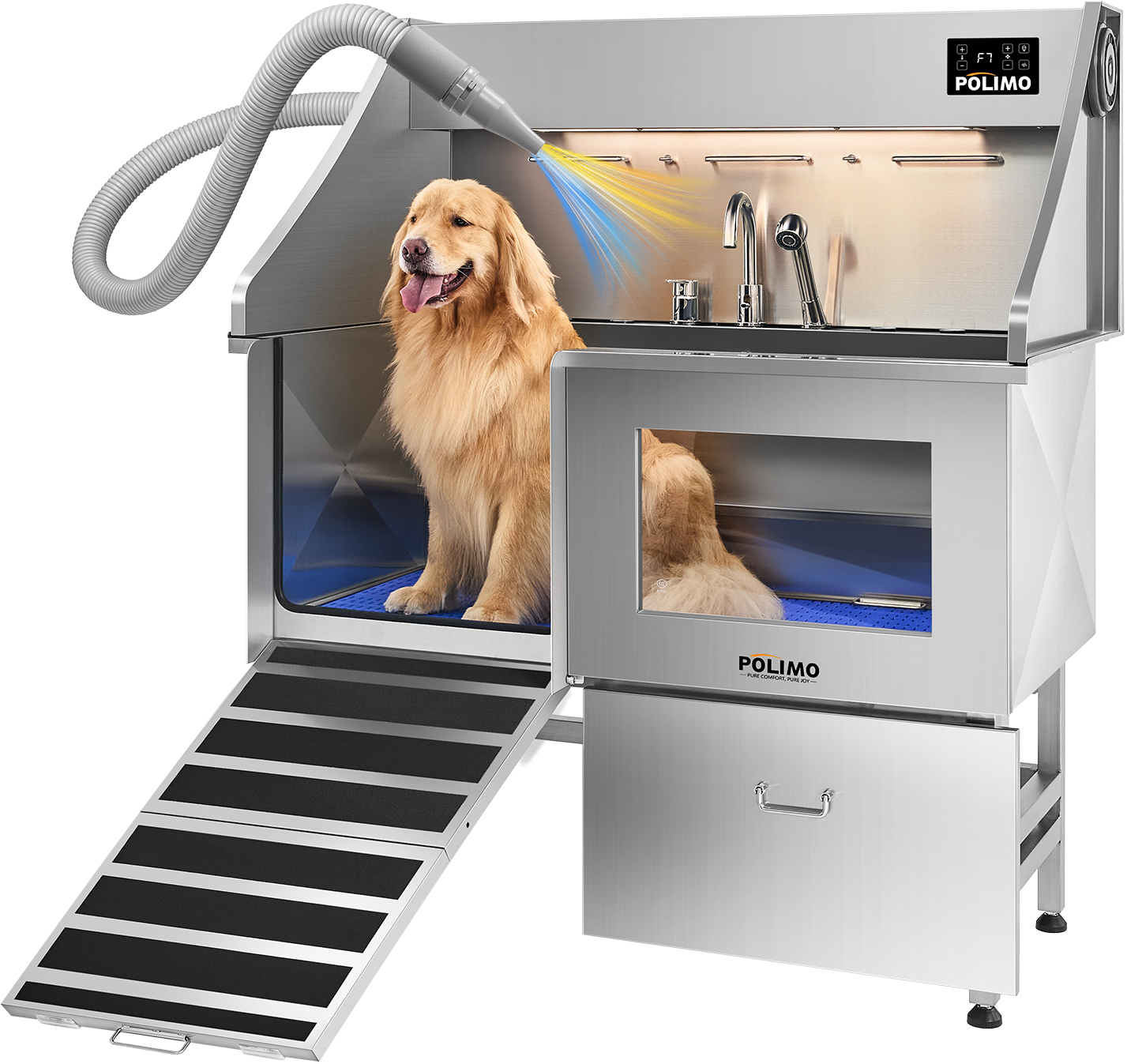 POLIMO Dog Wash Station with Pet Dryer & LED(Left Ramp, 50″)