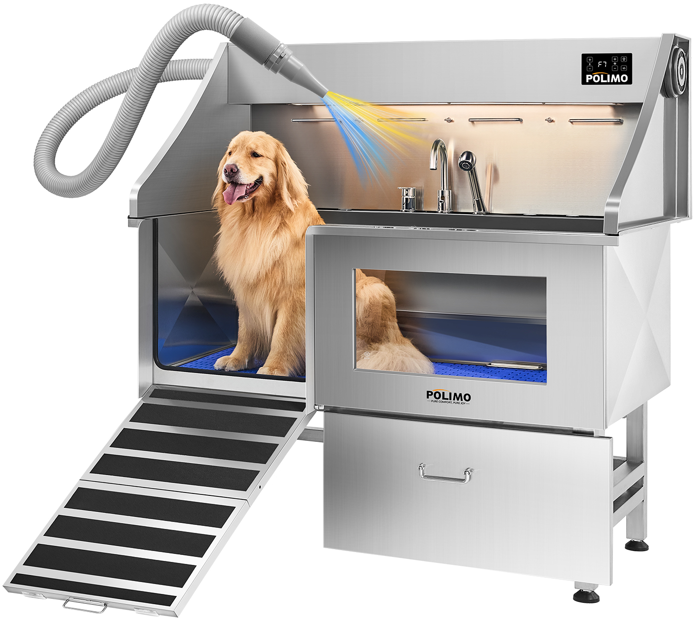 POLIMO Dog Wash Station with Pet Dryer & LED(Left Ramp, 61″)