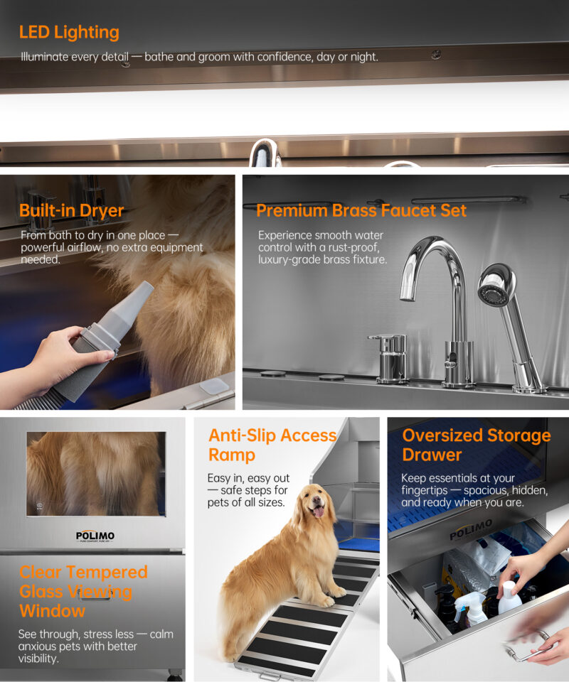 POLIMO Dog Wash Station with Pet Dryer & LED(Left Ramp, 61") - Image 3