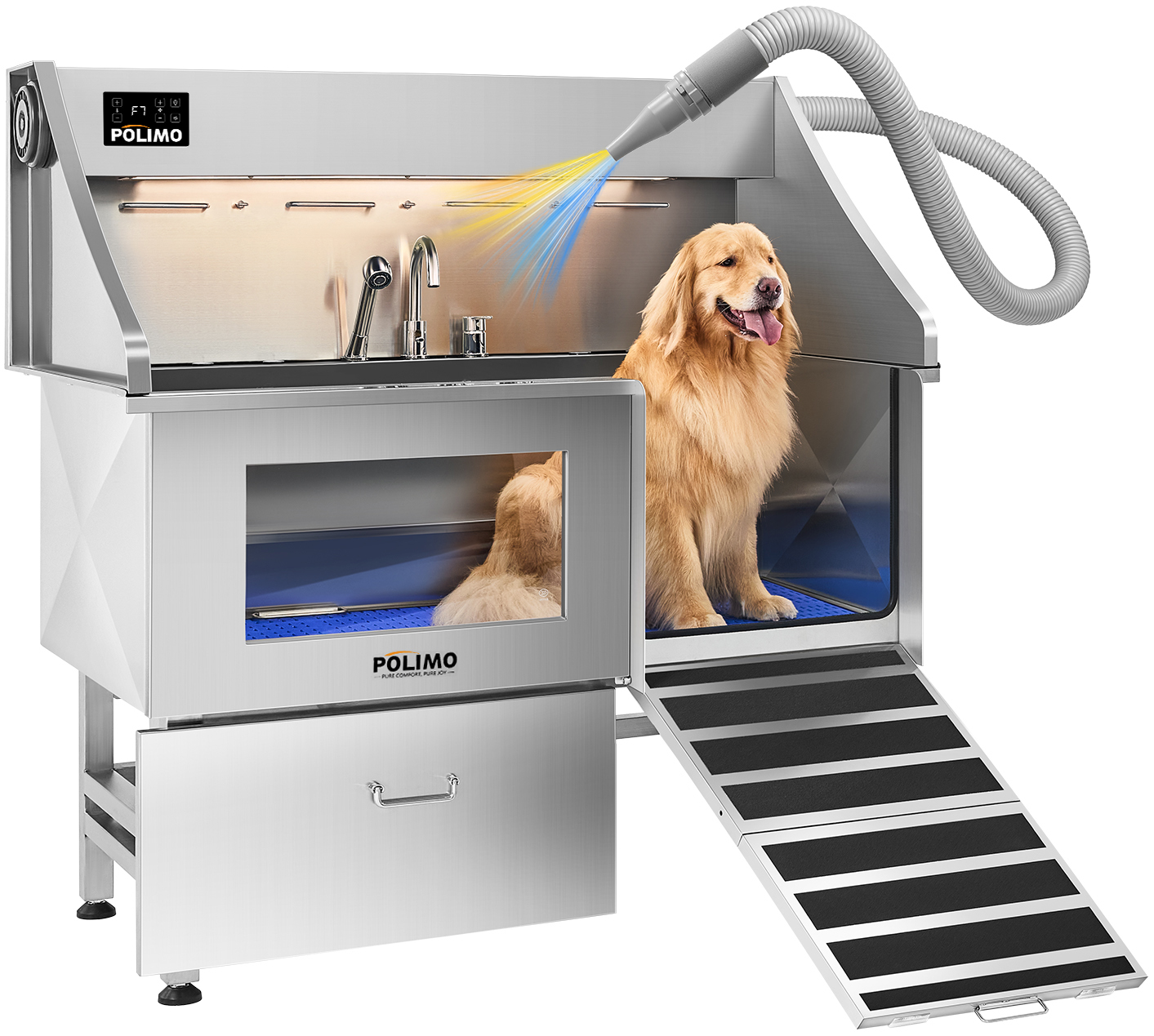 POLIMO Dog Wash Station with Pet Dryer & LED(Right Ramp, 61″)