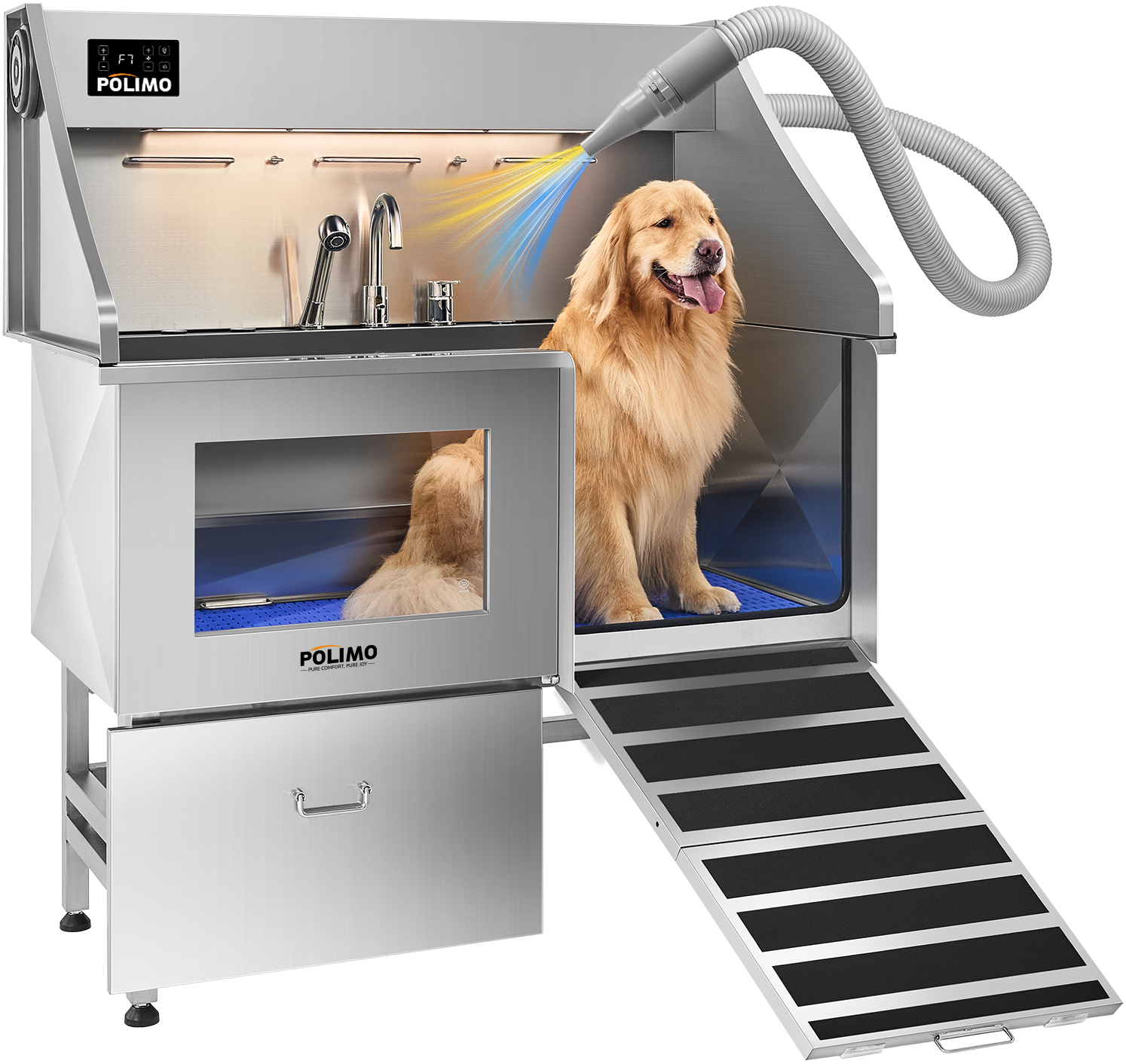 POLIMO Dog Wash Station with Pet Dryer & LED(Right Ramp, 50″)