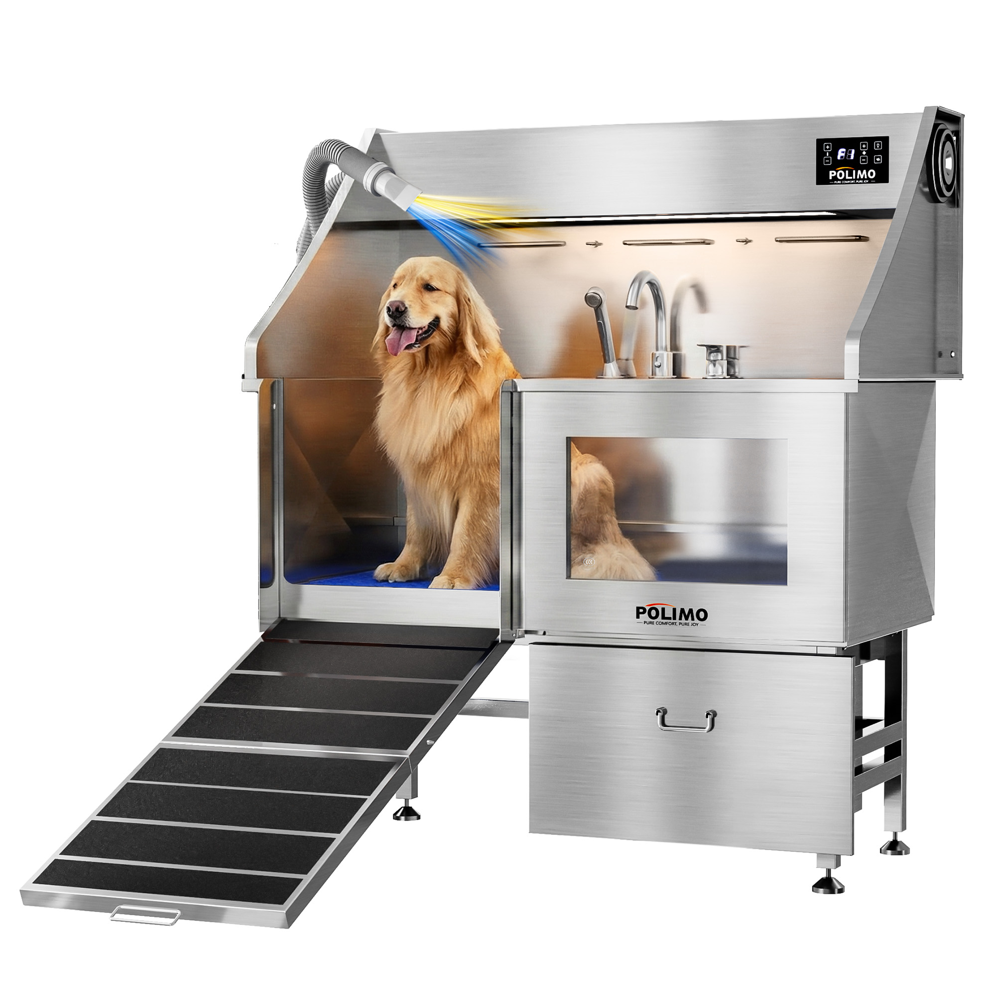 POLIMO Dog Wash Station with Pet Dryer & LED(Left Ramp, 50″)