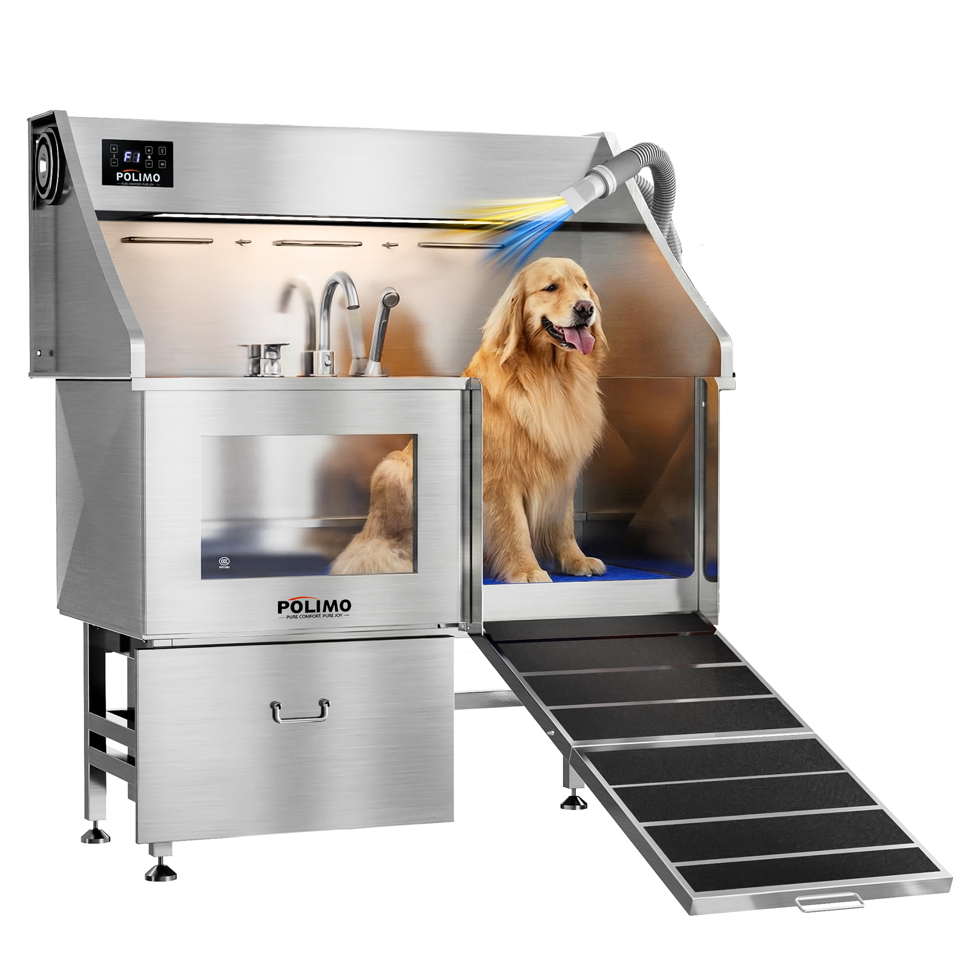 POLIMO Dog Wash Station with Pet Dryer & LED(Right Ramp, 50″)