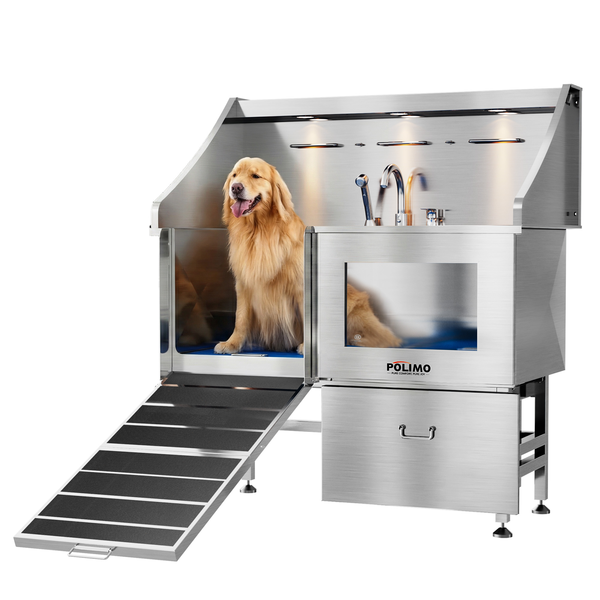 POLIMO LED Professional Stainless Steel Dog Bathing Station（Left RAMP, 50″）