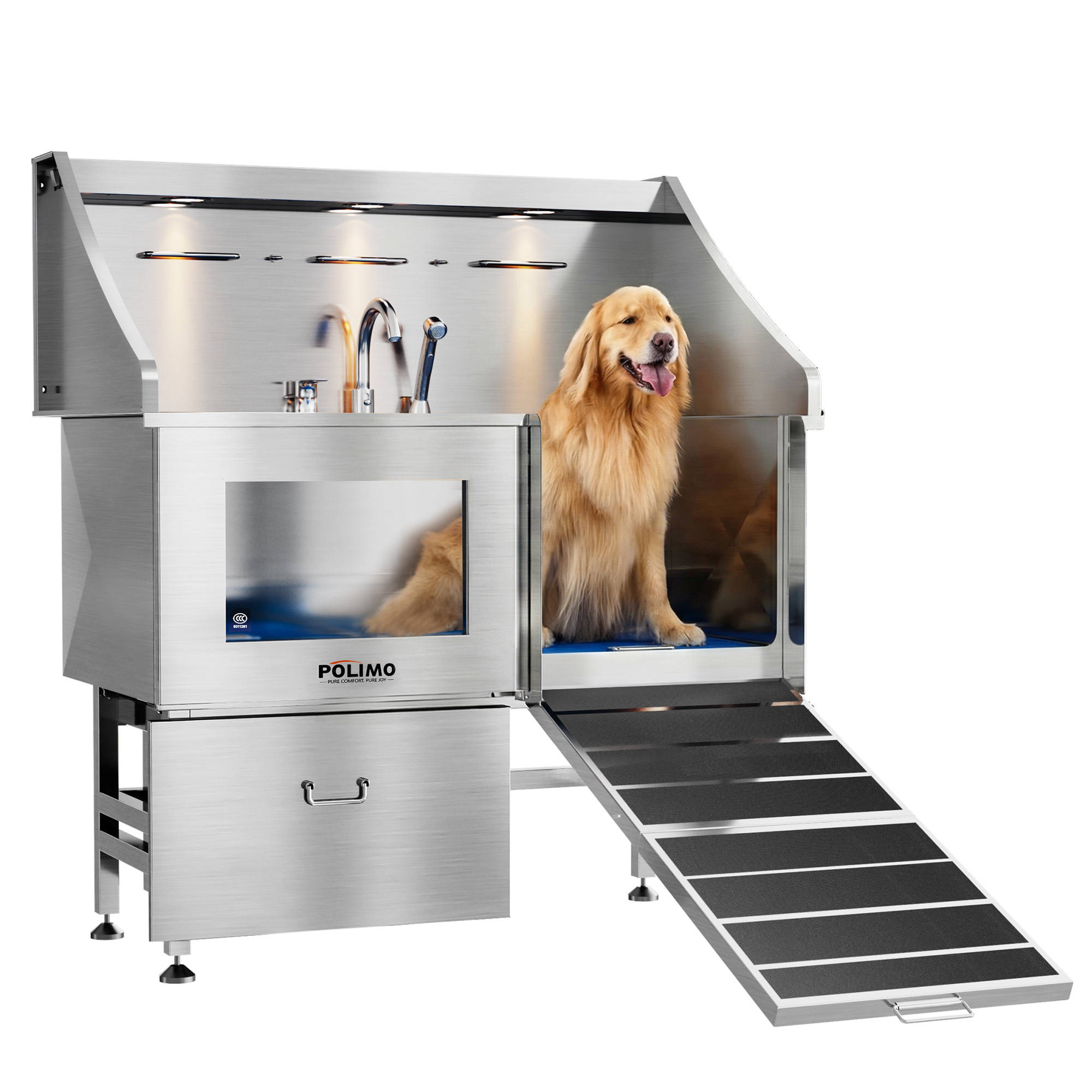 POLIMO LED Professional Stainless Steel Dog Bathing Station（Right RAMP, 50″）
