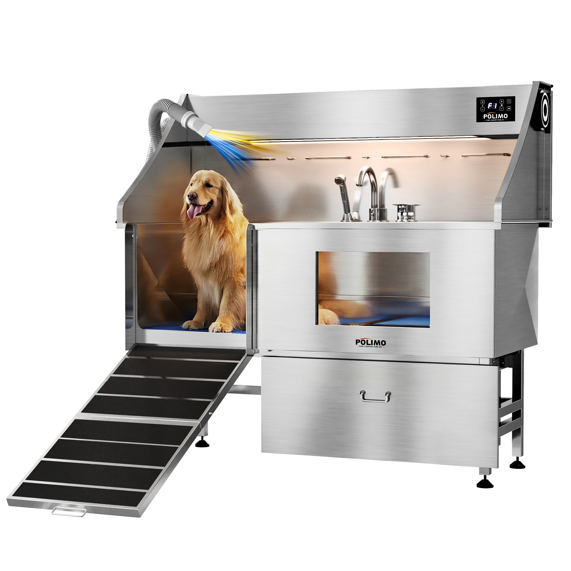 POLIMO Dog Wash Station with Pet Dryer & LED(Left Ramp, 61″)