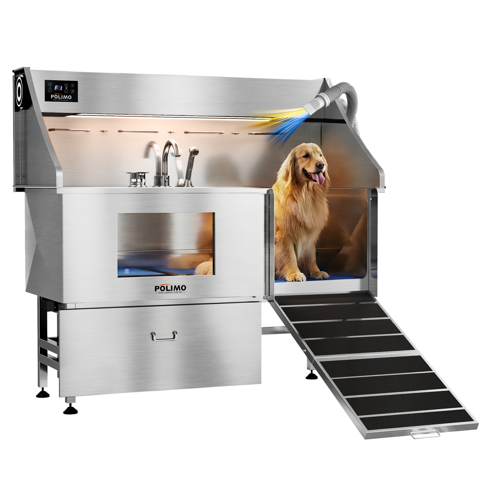 POLIMO Dog Wash Station with Pet Dryer & LED(Right Ramp, 61″)