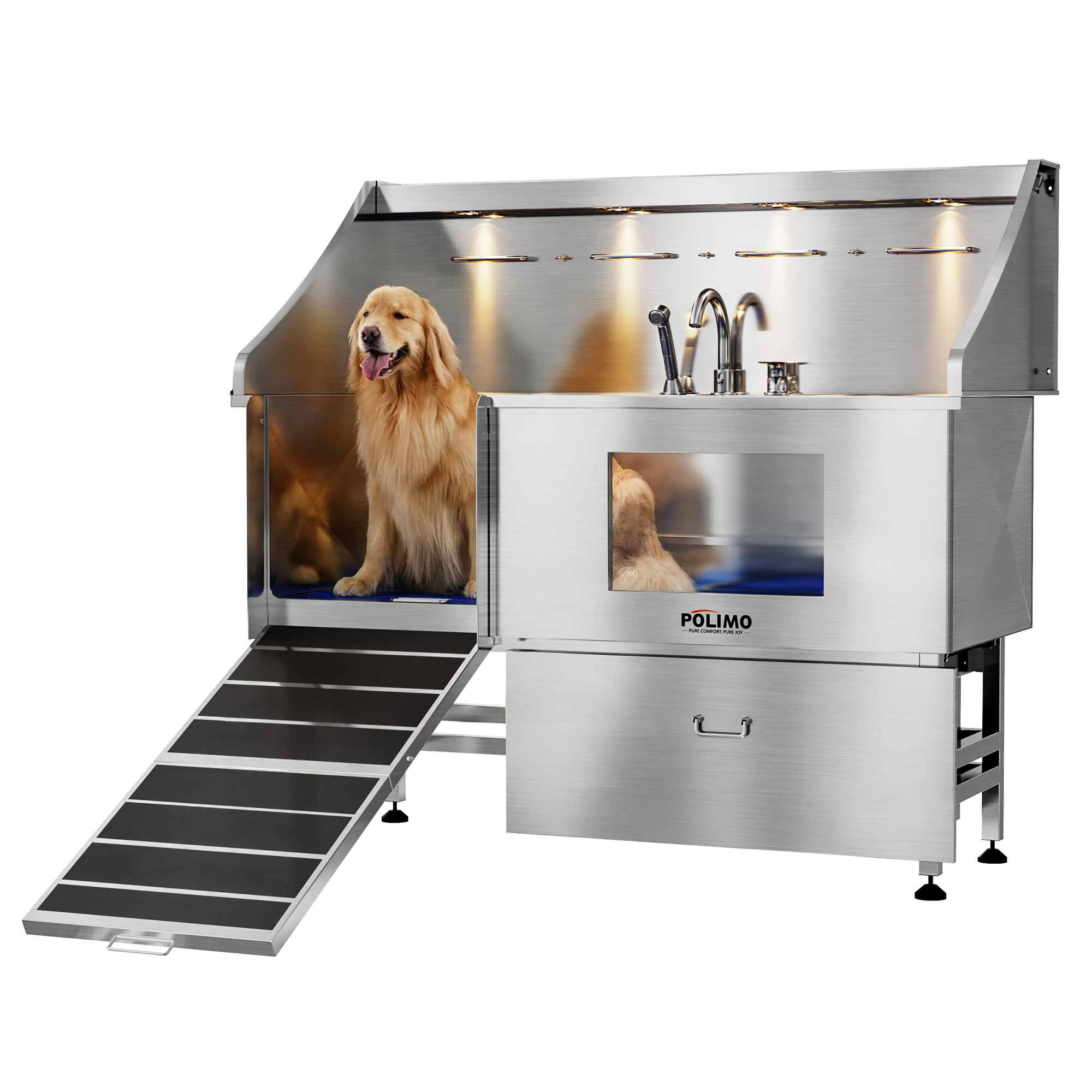POLIMO LED Professional Stainless Steel Dog Bathing Station（Left RAMP, 61″）