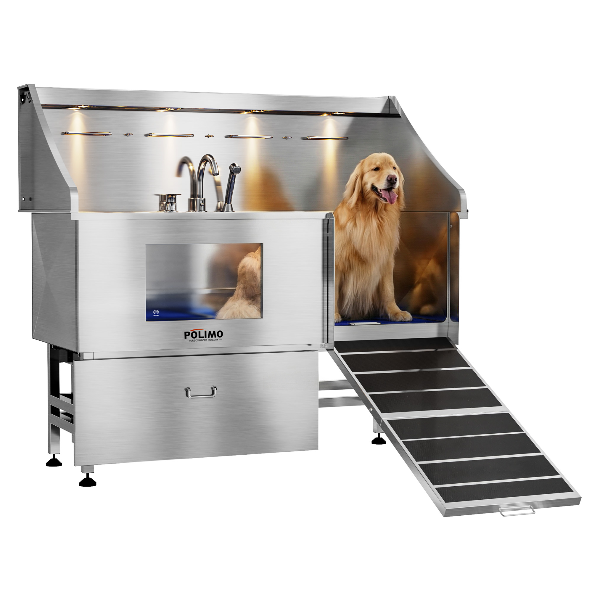 POLIMO LED Professional Stainless Steel Dog Bathing Station（Right RAMP, 61″）