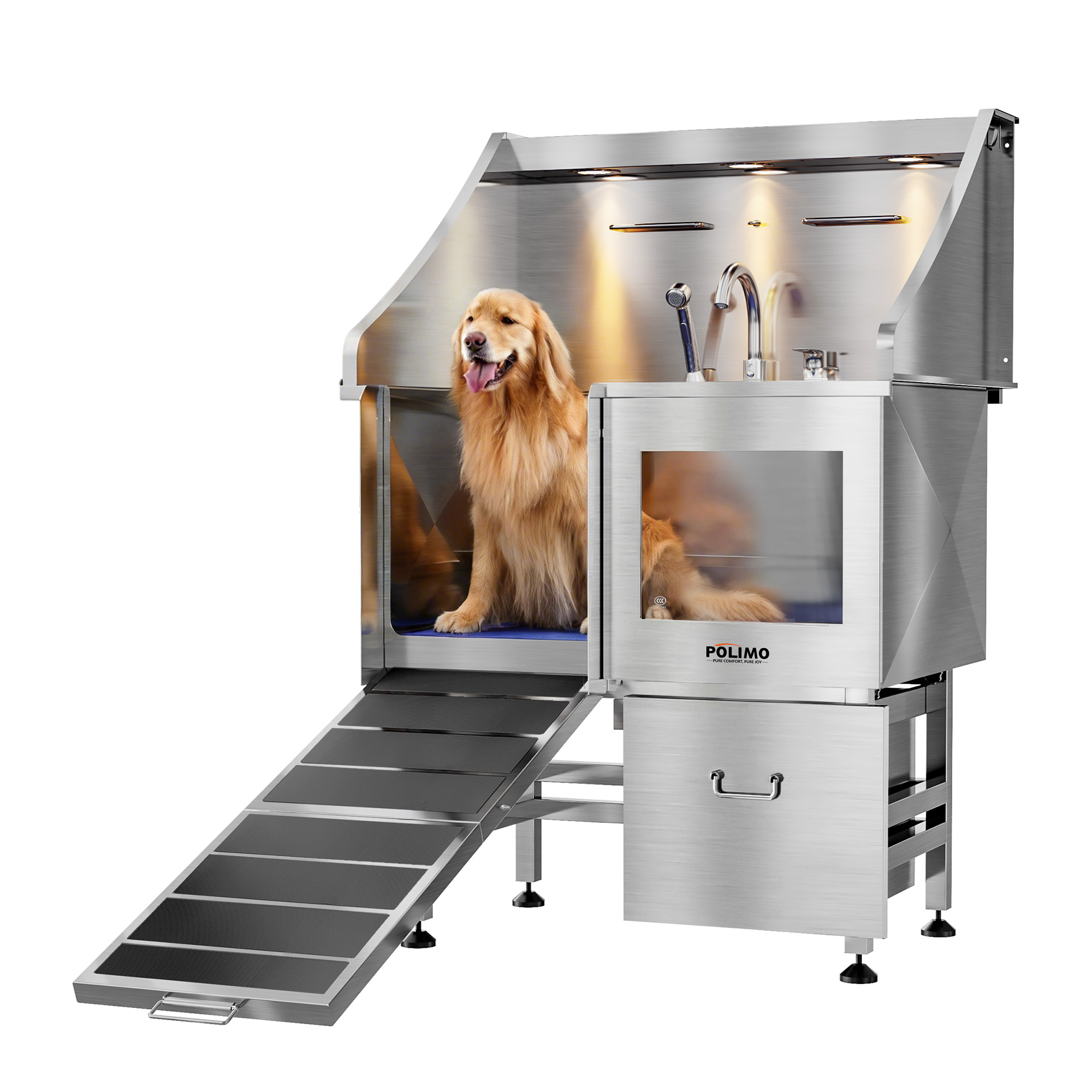 POLIMO LED Professional Stainless Steel Dog Bathing Station（Left RAMP, 38″）